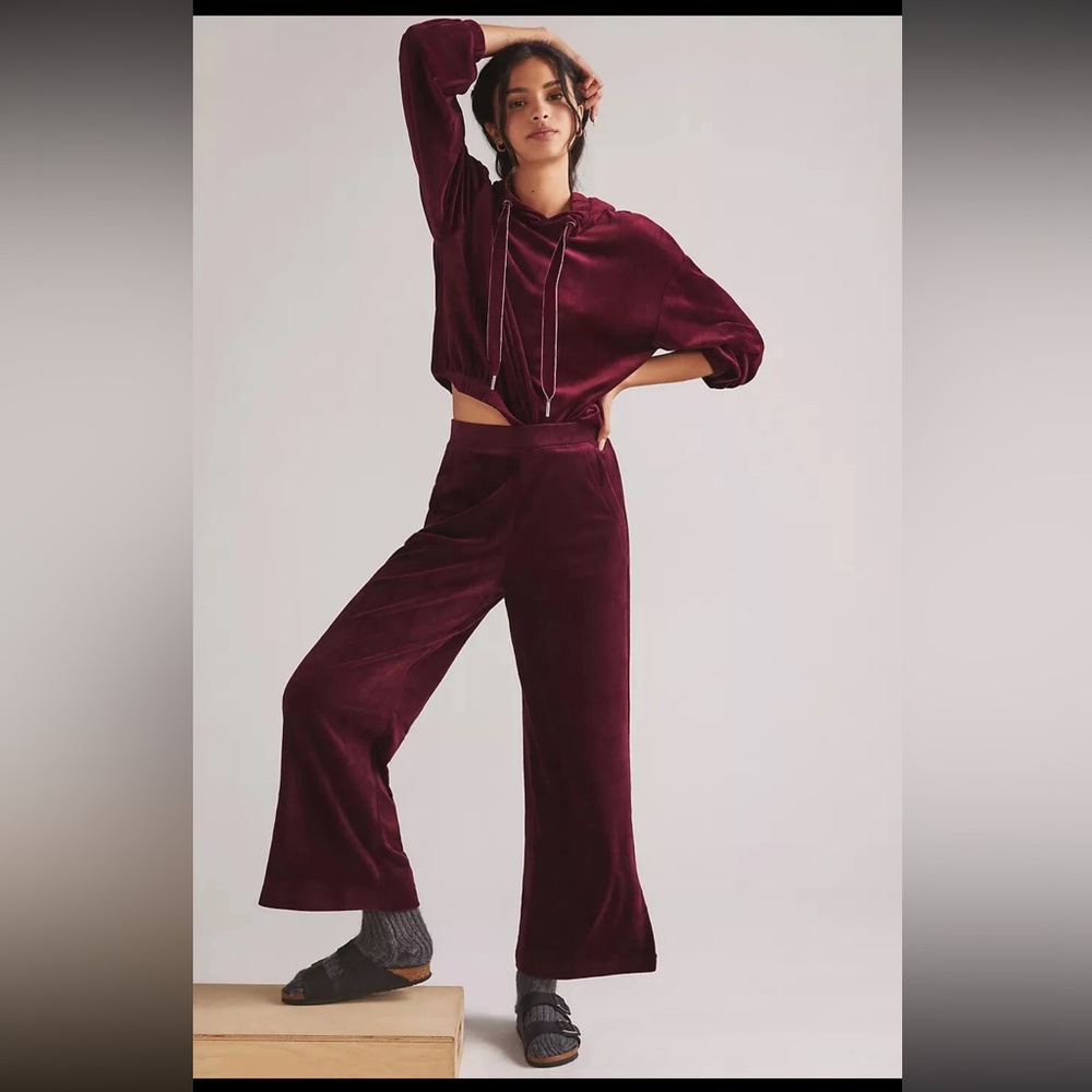 Free People Daily Practice Wide Leg Velvet Pants in Burgundy